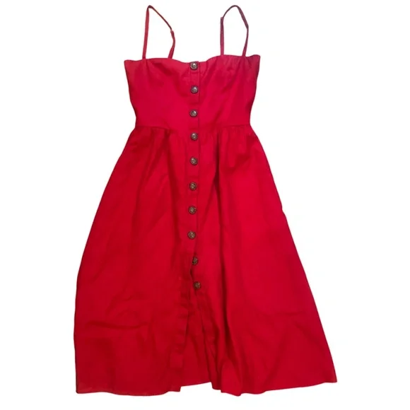 NWOT reformation cherry red linen sun dress slip dress button front pockets 8 $1 - Picture 2 of 6